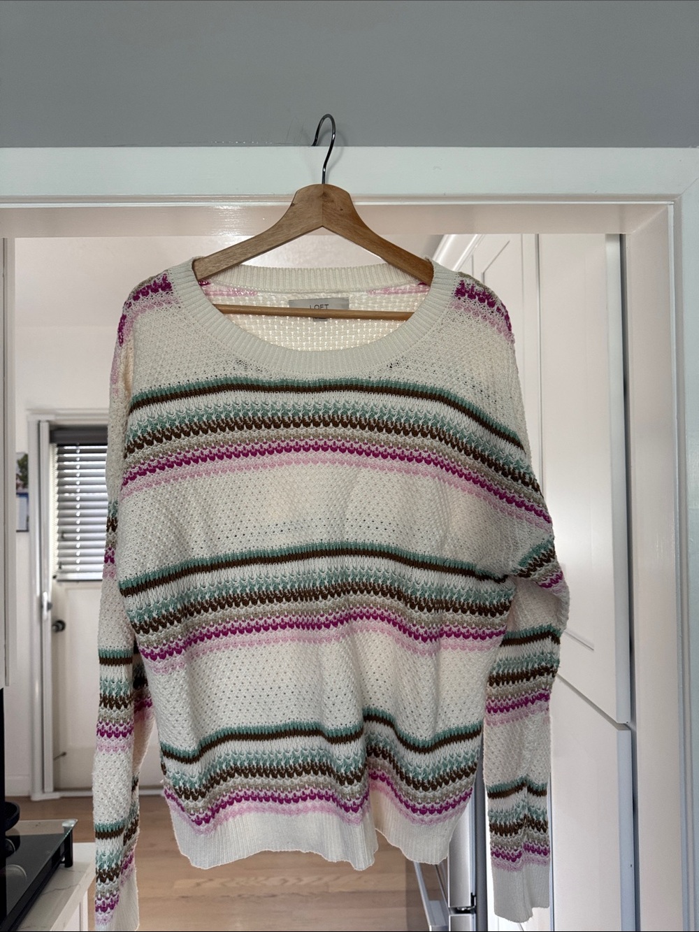 LOFT Cream Striped Knit Sweater with Pink & Green Accents